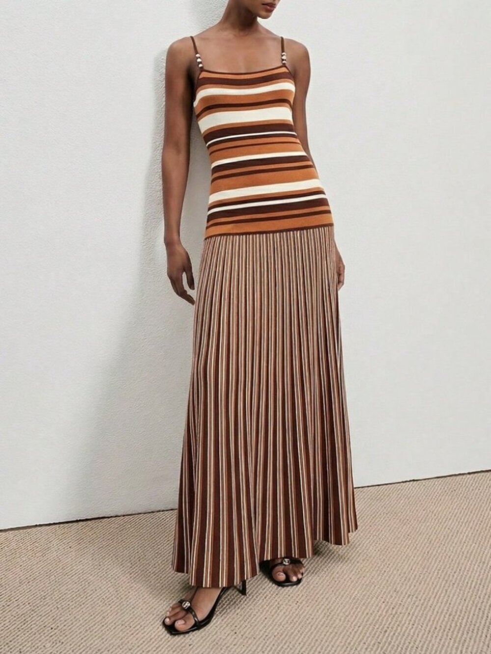 Warm Tan and Brown Striped Knit Maxi Dress with Beaded Strap Detail